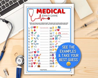 Jeu d'emoji médicaux imprimable, fête de l'hôpital de la semaine des infirmières et infirmiers de la santé brise-glace jeux d'infirmières emojis Pictionary