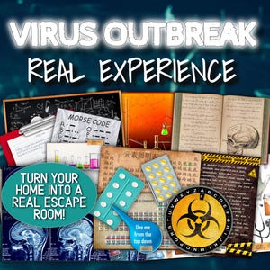 Pode incluir: Imagem promocional para um jogo de escape room em casa. A imagem apresenta o texto "VIRUS OUTBREAK REAL EXPERIENCE" e "TURN YOUR HOME INTO A REAL ESCAPE ROOM!". Vários adereços são mostrados, incluindo um quadro-negro, código Morse e pílulas.