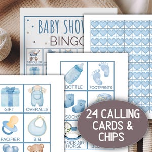 May include: Baby shower bingo game set with blue watercolour illustrations. The set includes bingo cards, calling cards, and chips. The cards feature images of baby items like a bottle, gift, overalls, and pacifier. The text "Baby Shower Bingo" is visible.