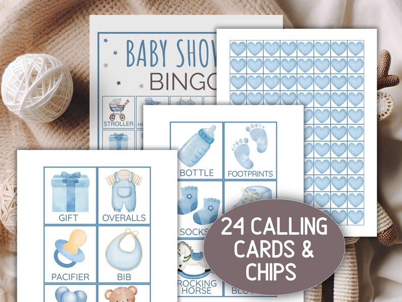 May include: Baby shower bingo game set with blue watercolour illustrations. The set includes bingo cards, calling cards, and chips. The cards feature images of baby items like a bottle, gift, overalls, and pacifier. The text "Baby Shower Bingo" is visible.