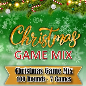 May include: A festive Christmas graphic with the words "Christmas GAME MIX" in gold lettering. The background is green with snowflakes. The bottom banner reads "Christmas Game Mix 100 Rounds • 7 Games". Decorative garland with lights and baubles.