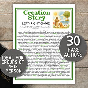 Creation Story Left Right Game, Christian Printable, Bible Party Activity Gift Exchange