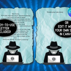 May include: Digital design featuring a spy theme with a blue background and text. Includes a ready-to-use letter and the option to edit the story in Canva. The design shows a spy with a laptop.