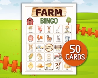 Farm Bingo Printable Game, Animal Cards for Kids Party Village Spring Harvest Bingo Sheets