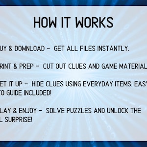 May include: A white graphic with the text "HOW IT WORKS" and instructions for a game. Steps include buying, printing, setting up clues, and playing to unlock a final surprise. The background is blue.
