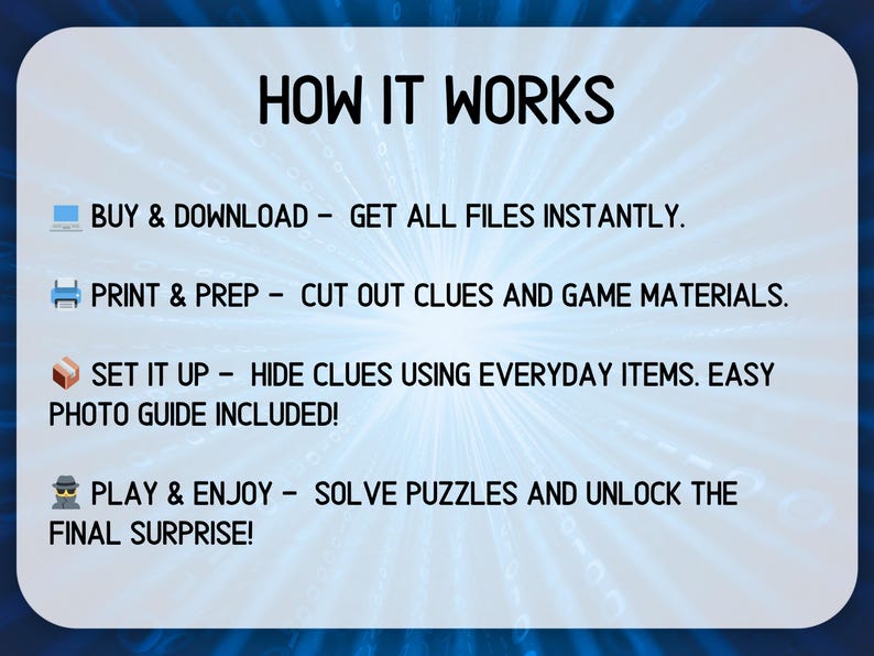 May include: A white graphic with the text "HOW IT WORKS" and instructions for a game. Steps include buying, printing, setting up clues, and playing to unlock a final surprise. The background is blue.
