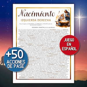 Puede incluir: Una tarjeta impresa con el título "Nacimiento" en escritura dorada, con una ilustración de la escena de la Natividad. La tarjeta incluye texto en español, con las palabras "IZQUIERDA" y "DERECHA" resaltadas, y un círculo rojo con "JUEGO EN ESPAÑOL".