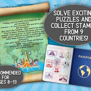 May include: An image promoting a puzzle game for ages 8-13. It features a scroll with text, a passport with stamps, and text that reads "Solve Exciting Puzzles and Collect Stamps From 9 Countries!"