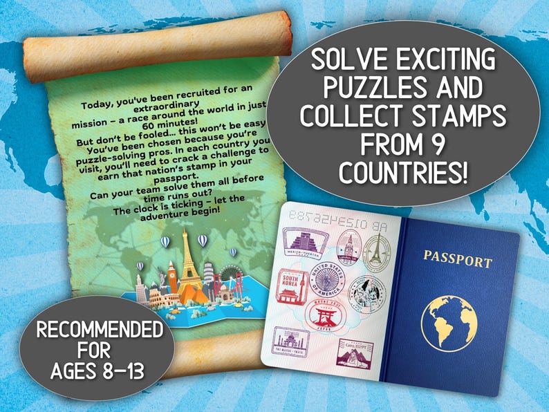 May include: An image promoting a puzzle game for ages 8-13. It features a scroll with text, a passport with stamps, and text that reads "Solve Exciting Puzzles and Collect Stamps From 9 Countries!"
