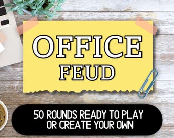 Puede incluir: Una nota adhesiva amarilla con las palabras "OFFICE FEUD" en letras negras en negrita. Debajo de la nota hay una pancarta negra con el texto "50 RONDAS LISTAS PARA JUGAR O CREAR LAS TUYAS". También se ve un clip y una taza de café.