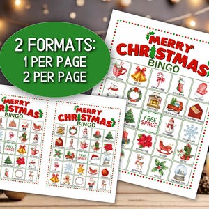 May include: A printable Merry Christmas Bingo game set featuring two formats, one per page and two per page. The cards display a grid of festive holiday icons including a snowman, wreath, candy cane, and gifts, with the text Merry Christmas Bingo.