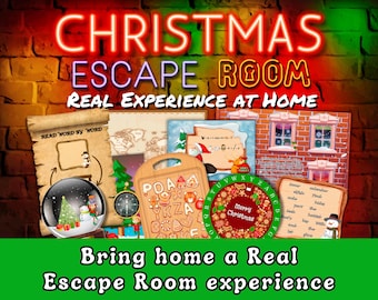 May include: A promotional image for a Christmas-themed escape room experience. The image features various puzzle elements, including a snow globe, wooden boards with letters and shapes, and a festive wreath. Text includes "Christmas Escape Room" and "Real Experience at Home."