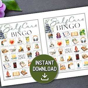 Puede incluir: Dos hojas de juego de "Self-Care Bingo" con ilustraciones de acuarela de actividades de autocuidado. Las hojas tienen un c&iacute;rculo verde con las palabras "Descarga instant&aacute;nea" y una flecha hacia abajo. Una flor morada y hojas verdes en el fondo.