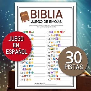 Pode incluir: Uma folha de jogo impressa em espanhol, intitulada "BIBLIA JUEGO DE EMOJIS", com pistas de emoji. Um círculo vermelho diz "JUEGO EN ESPAÑOL". Um círculo castanho diz "30 PISTAS". A folha de jogo tem um fundo branco.