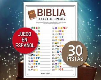 May include: A printed game sheet in Spanish, titled "BIBLIA JUEGO DE EMOJIS," featuring emoji clues. A red circle reads "JUEGO EN ESPAÑOL." A brown circle says "30 PISTAS." The game sheet has a white background.