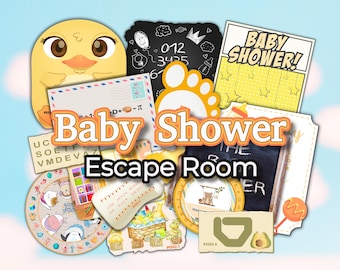 May include: A colorful baby shower escape room game with a yellow duck, a chalkboard, and a sign that says "Baby Shower!"