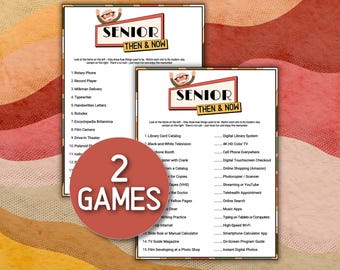 Pode incluir: Duas folhas de jogo "Senior Then & Now" com listas de itens do passado e do presente. Um círculo vermelho com "2 GAMES" está em primeiro plano. O fundo é uma mistura de laranja, amarelo e rosa.