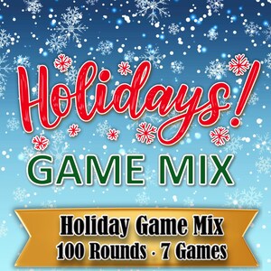 Pode incluir: Gráfico festivo para uma mistura de jogos de férias. A palavra "Holidays!" está em script vermelho acima de "GAME MIX" em verde. Uma faixa dourada na parte inferior diz "Holiday Game Mix 100 Rounds • 7 Games" em um fundo azul com flocos de neve.