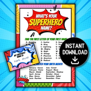 Può includere: Un gioco di generazione di nomi di supereroi stampabile con un design in stile fumetto rosso, giallo e blu. Il gioco ti chiede di trovare la prima lettera del tuo nome e poi di abbinarla a un nome di supereroe. Include anche una sezione per abbinare il tuo mese di nascita a un nome di supereroe.