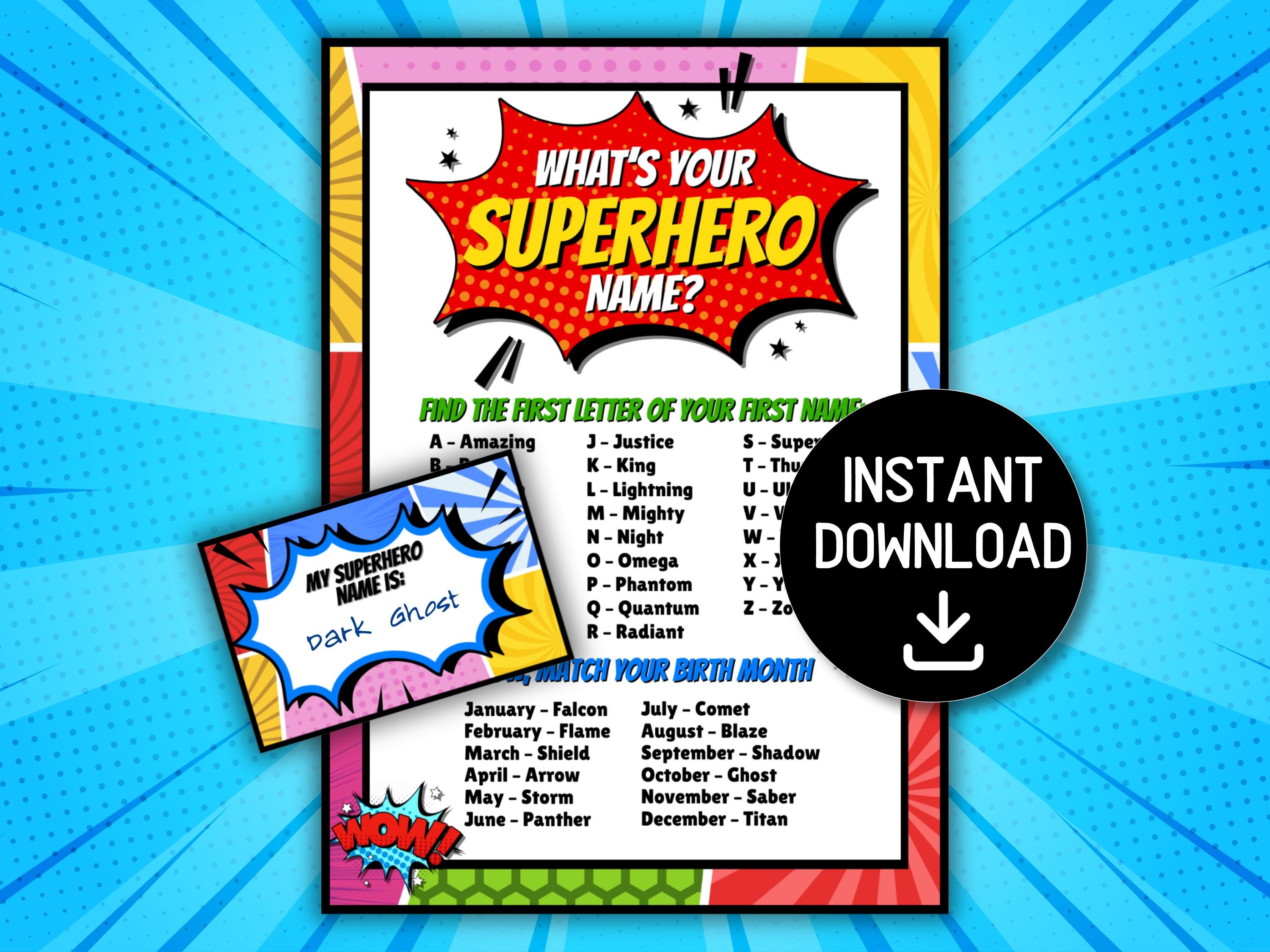 Whats Your Superhero Name | Party Games For Kids | Superhero Name Tags | Comic Name | Super Hero Party Game | Super Hero Name Tags | Print