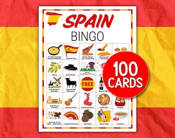 Spain Travel Bingo Game, 100 Spain Bingo Cards Travel Trip Vacation Activities Around the World Party Games for Adults and Kids Spanish Quiz
