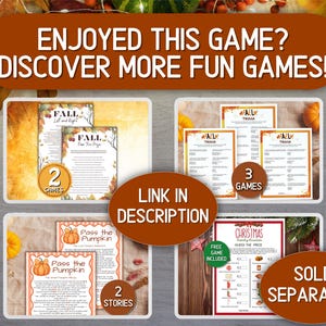 May include: A collection of printable games for fall and Christmas. The image shows four different game sets, including trivia and story games. The text on the image says "Enjoyed this game? Discover more fun games!" and "Link in description."
