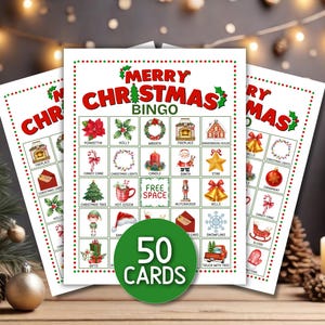 May include: A set of Merry Christmas Bingo game cards featuring a grid of holiday illustrations including a poinsettia, wreath, fireplace, gingerbread house, candy cane, Santa, star, nutcracker, bells, and a truck with a tree. A green circle says 50 CARDS.