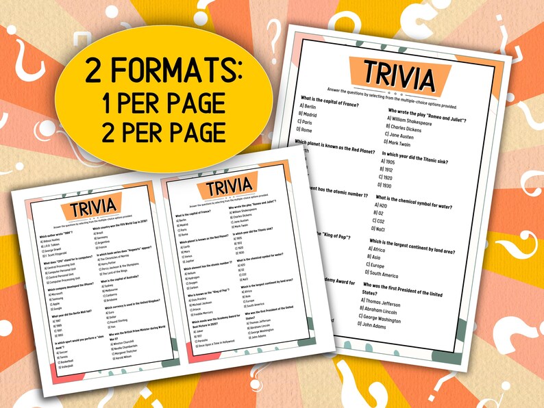 Trivia Book Format Trivia Party Game Printable, 100 Quiz, Party Games Questions With ...