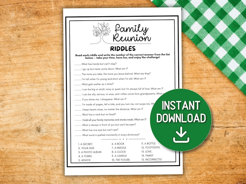 Family Riddles Pdf Family Reunion RIDDLES Printable, Families Riddle Me This Trivia Game ...