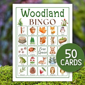 May include: A "Woodland Bingo" game card set with 50 cards. The card features a green border and a grid of woodland-themed illustrations, including a fox, bear, and acorn. The words "Woodland Bingo" are at the top.