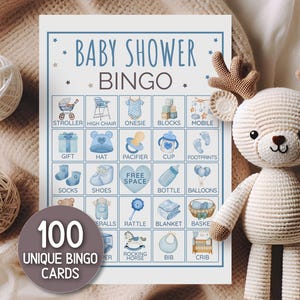 May include: Baby shower bingo card featuring blue watercolour illustrations of baby items. The card reads "Baby Shower Bingo" and "100 Unique Bingo Cards". A crocheted deer and yarn balls are in the background.