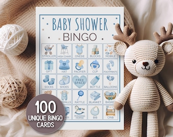 Baby Shower Bingo Boy 100 People Printable, Blue Bingo Baby Cards Set Instant Download