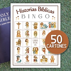 Może przedstawiać: Karta do gry w bingo zatytułowana "Historias Bíblicas" ze słowem "BINGO" dużymi literami. Karta zawiera ilustracje scen i postaci biblijnych. Brązowe koło wyświetla "50 CARTONES". Słonecznik i Święta Biblia znajdują się po lewej stronie.