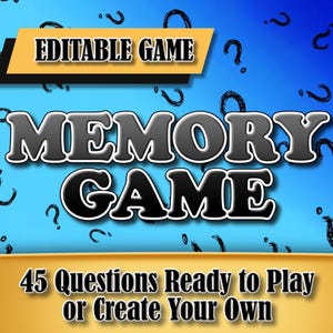 May include: A digital graphic for a memory game. The words "MEMORY GAME" are in large, bold, black and gray letters. The words "EDITABLE GAME" and "45 Questions Ready to Play or Create Your Own" are also displayed.