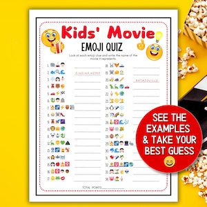 May include: A Kids' Movie Emoji Quiz game sheet with a red border, featuring emoji clues to guess movie titles. The sheet includes the text "SEE THE EXAMPLES & TAKE YOUR BEST GUESS" on a red circle. Popcorn and a film clapperboard are in the background.