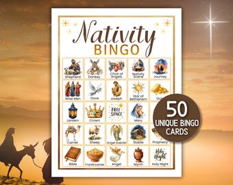 Nativity Bingo Game Printable, 50 Bingo Christmas Cards Christmas Bingo Religious Christian Catholic