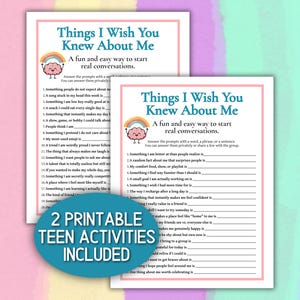 May include: Two white printable activity sheets titled Things I Wish You Knew About Me with a pink border and a cartoon brain under a rainbow. Each sheet features a list of numbered prompts with blank lines for writing answers and a blue oval overlay.