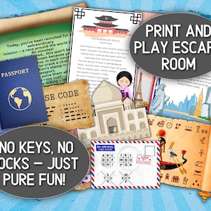 May include: A collection of print-and-play escape room game elements. Includes a passport, code, and various themed pages with text. The text includes "Print and Play Escape Room" and "No Keys, No Locks - Just Pure Fun!"