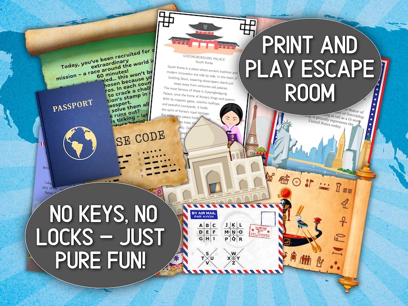 May include: A collection of print-and-play escape room game elements. Includes a passport, code, and various themed pages with text. The text includes "Print and Play Escape Room" and "No Keys, No Locks - Just Pure Fun!"