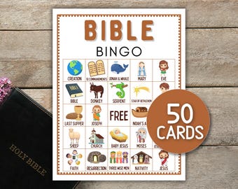 Bijbelbingospel, 50 afdrukbare kaarten, christelijke zondagsschoolactiviteit vakantie