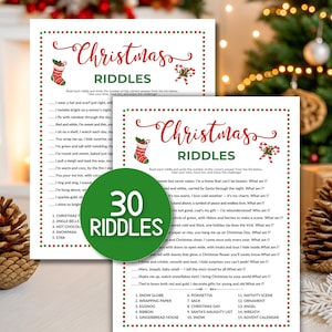 May include: Two Christmas-themed riddle sheets with red and green accents. The text "Christmas Riddles" is displayed in a festive font, with a green circle indicating "30 Riddles". Festive holiday decor is in the background.