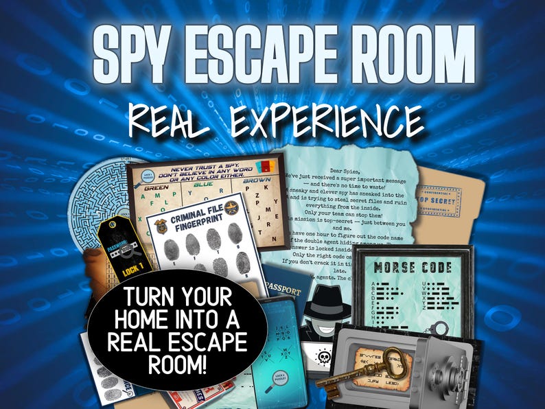 May include: A promotional image for a spy-themed escape room experience. The image features various props like a fingerprint file, a passport, a safe, and a Morse code chart. Text includes "SPY ESCAPE ROOM" and "TURN YOUR HOME INTO A REAL ESCAPE ROOM!"