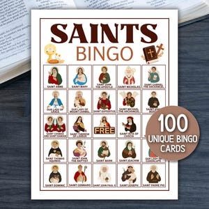 May include: A Saints Bingo game with 100 unique cards. The game board features illustrations of various saints, with the title "SAINTS BINGO" at the top. A brown circle on the right side of the board says "100 UNIQUE BINGO CARDS".