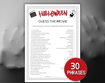 Op de afbeelding: Een Halloween-thema spelblad met de titel "Guess the Movie". Het blad bevat een lijst met filmcitaten die moeten worden gekoppeld aan filmtitels. Een rode cirkel met "30 PHRASES" staat in de rechter benedenhoek. De achtergrond is een wazige afbeelding.