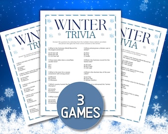 May include: Three printed trivia games with a winter theme. Each game sheet has a blue border and snowflake accents. The title "Winter Trivia" is at the top. A blue circle with the text "3 GAMES" is at the bottom.