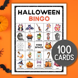 Schede del bingo di Halloween 100, Bingo di Halloween spettrale 100 Bingo fantasma Festa di Halloween Attività per bambini Gioco del bingo di Halloween Scarica giochi Festa