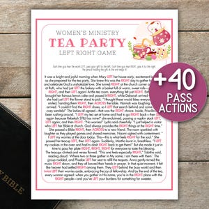 Puede incluir: Una impresión del juego de té titulada "Women's Ministry Tea Party Left Right Game" con un borde rosa. El juego incluye texto e ilustraciones de tazas de té y una tetera. Un círculo púrpura con "+40 PASS ACTIONS" está a la derecha. Una Santa Biblia está en la parte inferior izquierda.