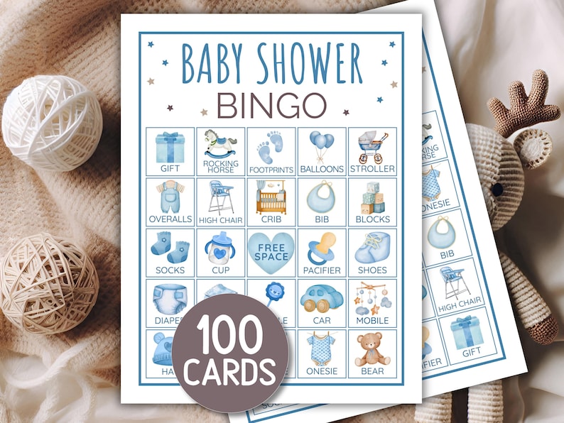 May include: Baby shower bingo cards with blue watercolour illustrations of baby-related items. The cards feature the text "Baby Shower Bingo" and "100 Cards". The illustrations include a rocking horse, bib, and stroller.