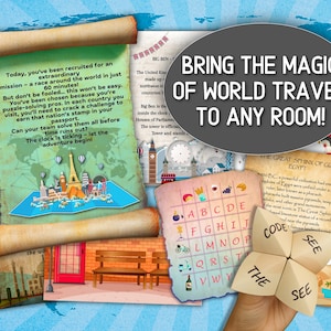 May include: A collection of travel-themed game elements, including scrolls with text, a map, and a fortune teller. The text reads "Bring the magic of world travel to any room!" and "The clock is ticking - let the adventure begin!"