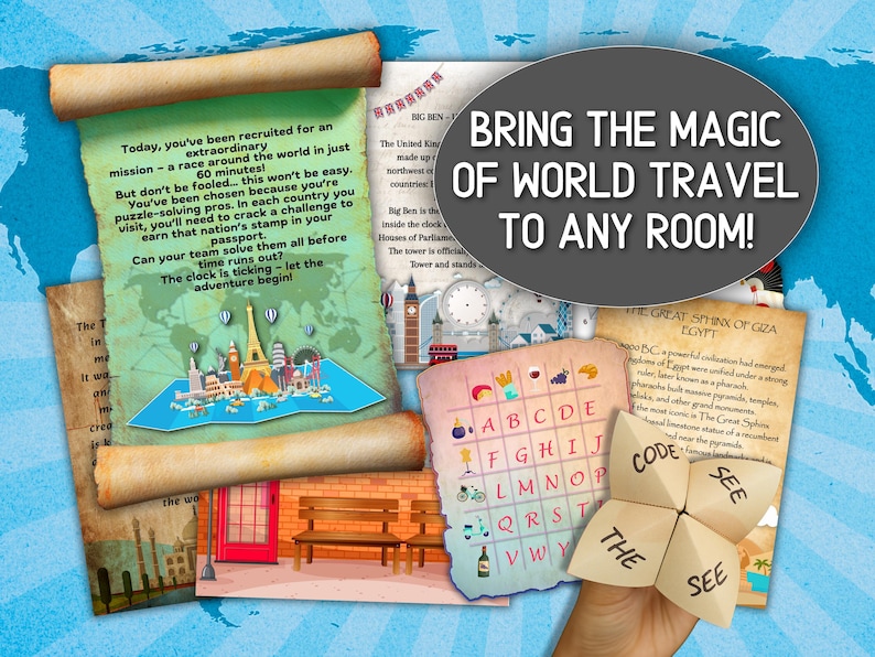 May include: A collection of travel-themed game elements, including scrolls with text, a map, and a fortune teller. The text reads "Bring the magic of world travel to any room!" and "The clock is ticking - let the adventure begin!"